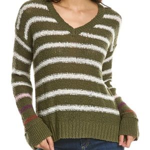 MICHAEL STARS - Janie Green and White Striped V Neck Knit Sweater Size Small